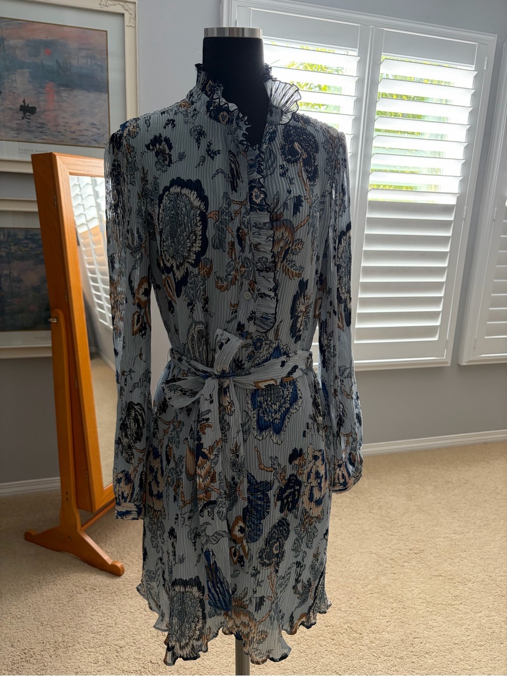 Tory Burch Light Blue Floral Ruffle-Trim Long Sleeve Dress with Belt